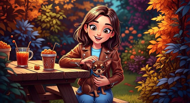 Young girl smiling while holding a small dog at a picnic table  