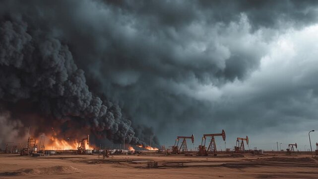 energy crisis during iran war scenario, damaged oil field infrastructure, fire and dark smoke clouds, Dark smoke rises from burning oil rigs. Desolate landscape under heavy, stormy skies. Fire glows 