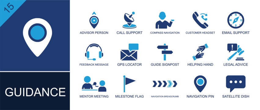 Guidance icon set. Containing advisor, support call, headset, GPS locator, signpost, helping hand, mentor meeting, legal advice, navigation breadcrumb and more. Solid fill vector icons.