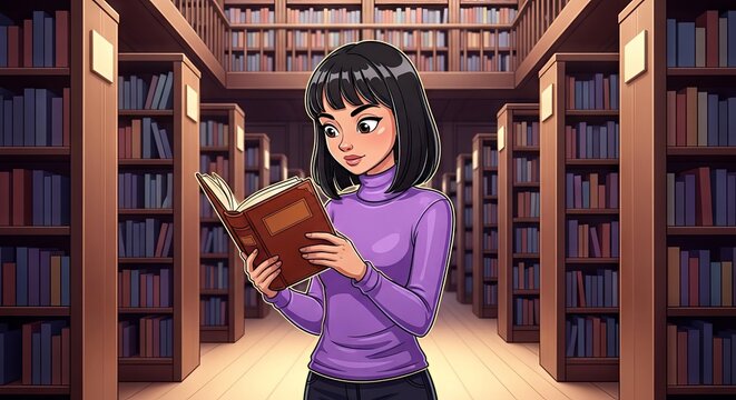 Young woman reading a book in a library with wooden shelves  