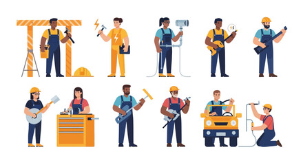 Fototapeta premium Skilled Diverse Tradespeople and Manual Workers Vector Set. Professional Handymen and Craftspeople with Tools for Construction, Plumbing, Electrical Work