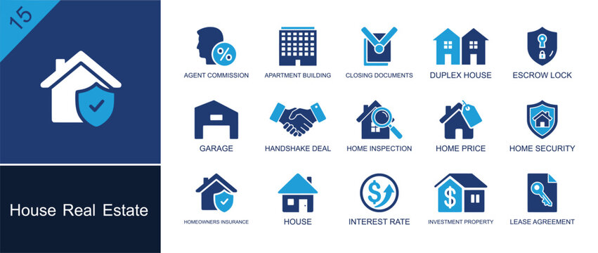 House real estate icon set. Containing duplex house, escrow lock, garage, handshake deal, inspection, home price, house, interest rate, lease agreement and more. Solid fill vector icons.