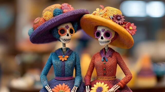 Catrina and Catrin figures celebrate Mexican Day of the Dead. Colorful art depicts this vibrant tradition.