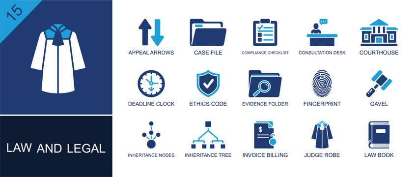 Law and legal icon set. Containing appeal arrows, case file, consultation desk, courthouse, evidence folder, fingerprint, gavel, judge robe, law book and more. Solid fill vector icons.