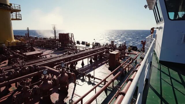 Aerial view of an industrial oil tanker deck with rusted pipes and valves, sailing on calm blue ocean under clear sky, camera pans across machinery and railings.