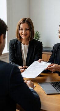 Smiling female HR manager handing a job application or resume to a male candidate during a professional interview in a modern office setting, showcasing recruitment and employment processes.