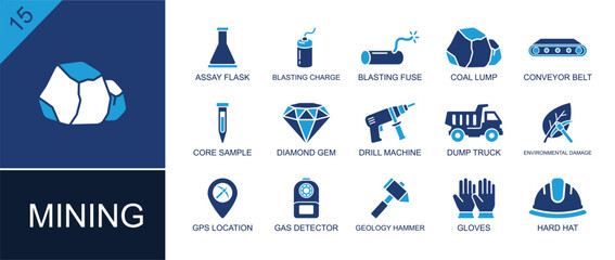 Mining industry icon set. Containing assay flask, coal lump, conveyor belt, core sample, diamond gem, drill machine, dump truck, gas detector, hard hat and more. Solid fill vector icons. © Sara