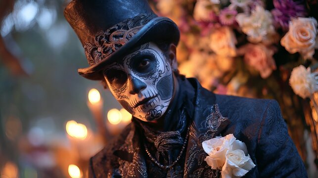 Man in Baron Samedi makeup with suit, hat, and flowers represents Halloween and Day of the Dead.