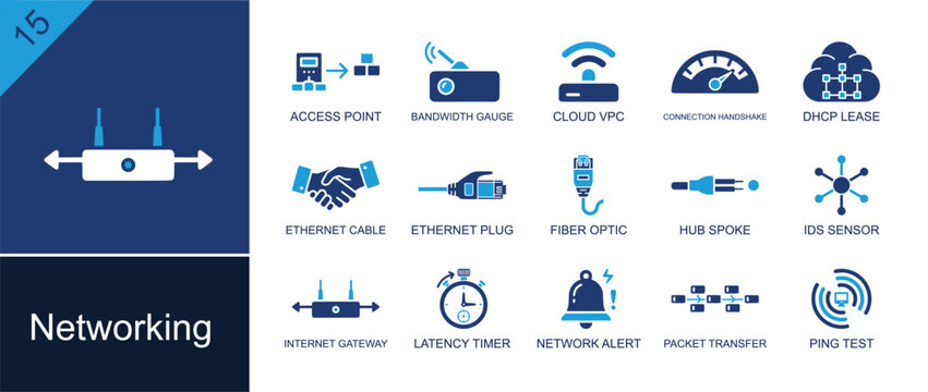 Networking icon set. Containing access point, bandwidth gauge, cloud, DHCP lease, ethernet plug, fiber optic, gateway, packet transfer, ping test and more. Solid fill vector icons.
