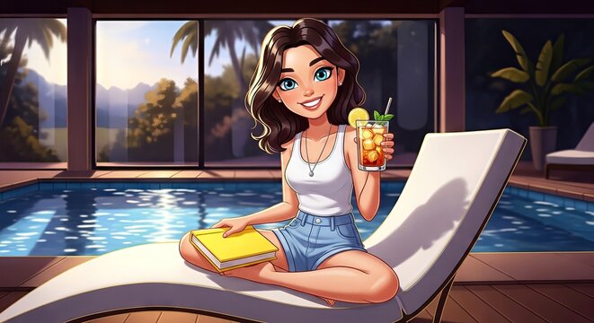 Young woman relaxing by the pool with a cocktail and a book  