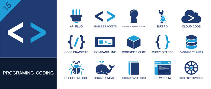 Programming icon set. Containing API plug, angle brackets, authentication keyhole, bug fix, cloud code, command line, docker whale, IDE window, database and more. Solid fill vector icons.