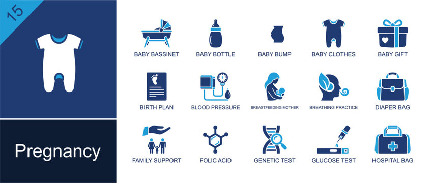 Pregnancy icon set. Containing bassinet, baby bottle, baby bump, baby clothes, birth plan, nursing mother, folic acid, glucose test, hospital bag and more. Solid fill vector icons.