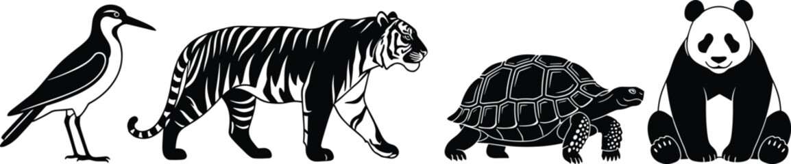 Collection of animal silhouettes including bird tiger turtle and panda wildlife vector set isolated on white background © bipul stok