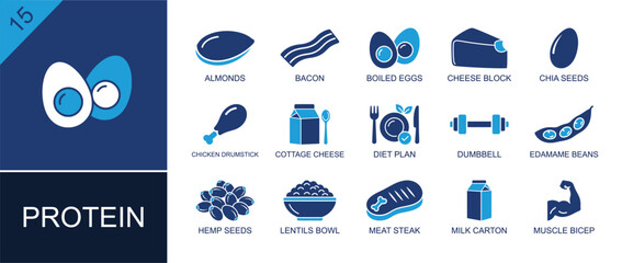 Fototapeta premium Protein food icon set. Containing almonds, bacon, boiled eggs, cheese block, chicken drumstick, cottage cheese, lentils bowl, meat steak, milk carton and more. Solid fill vector icons.