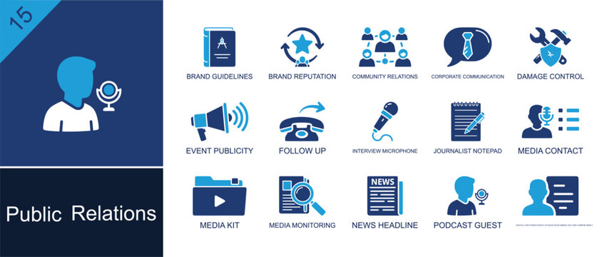 Public relations icon set. Containing brand guide, media contact, media kit, headline, monitoring, follow up, publicity, podcast guest, damage control and more. Solid fill vector icons.