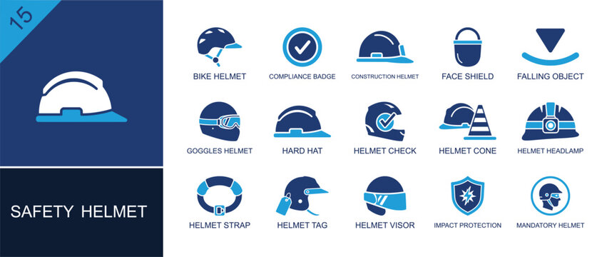 Safety helmet icon set. Containing bike helmet, face shield, hard hat, helmet check, helmet visor, impact shield, falling object, mandatory helmet, strap and more. Solid fill vector icons.