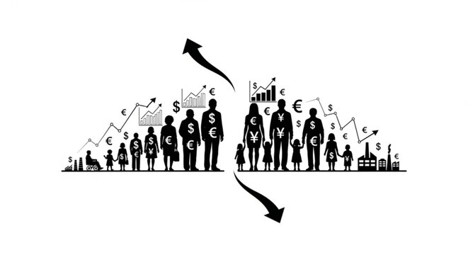 A vector graphic illustration of people silhouettes with currency symbols and financial graphs on a white background representing economic inequality