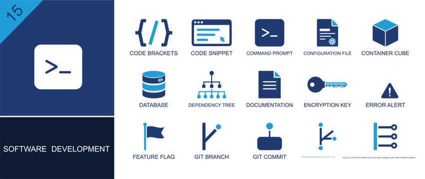 Software coding icon set containing code brackets, code snippet, command prompt, config file, database, documentation, git branch, git commit, error alert and more, solid fill vector icons.