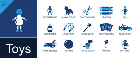 Obraz premium Kids toys icon set. Containing action figure, animal figure, craft scissors, crayons, playing cards, remote car, space shuttle, toy dinosaur, toy robot and more. Solid fill vector icons.