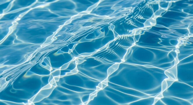Close-up of sparkling blue water surface with sun reflections, creating a vibrant abstract background texture for summer, relaxation, and aquatic themes