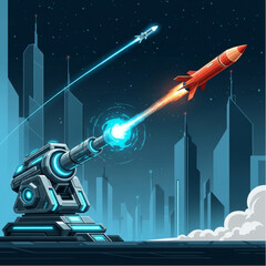 Naklejka premium Futuristic Cannon Launching Rocket into Space.