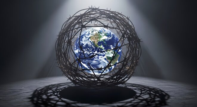 The Earth struggles to break free from a cage-like metallic sphere on a dark stage.