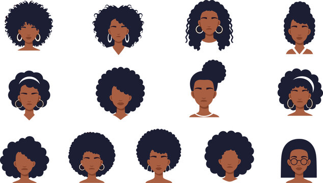 African afro hairstyles collection with natural curly hair styles diverse female portraits vector illustration