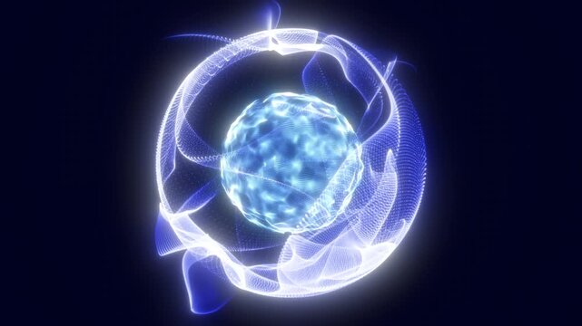 Blue glowing orb wrapped by flowing white particle ribbons, abstract digital energy sphere