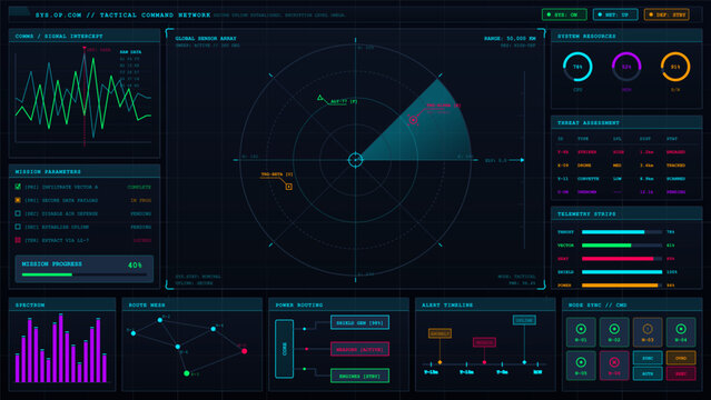 A futuristic tactical command network interface featuring a central