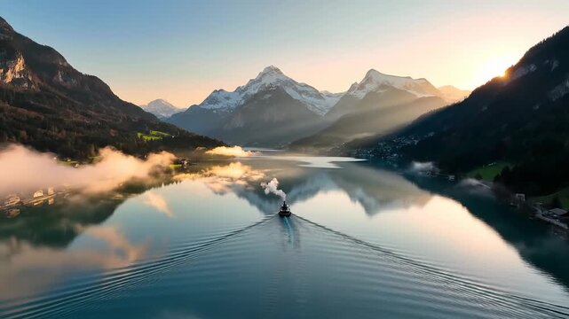 Majestic mountain lake at sunrise with a steamboat emerging from mist