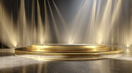 Winner's stage holds a gold award podium. Shiny light beams shine on a glittery floor. It's a fancy setup for beauty industry products and award shows.
