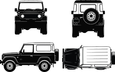 Detailed black and white blueprint style illustration showcases a jeep vehicle from four distinct perspectives including front side rear and top views © GK390