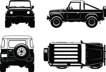 A detailed blueprint style illustration showcases a classic jeep vehicle from multiple perspectives including front side top and rear views © GK390