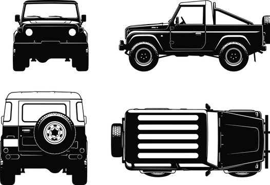 A detailed blueprint style illustration showcases a classic jeep vehicle from multiple perspectives including front side top and rear views