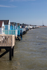 Fototapeta premium Beach huts at Thorpe Bay, near Southend-on-Sea, Essex, England, United Kingdom