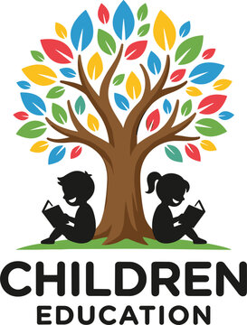 Children education logo vector with boy and girl silhouettes reading books under a colorful tree of knowledge,.eps