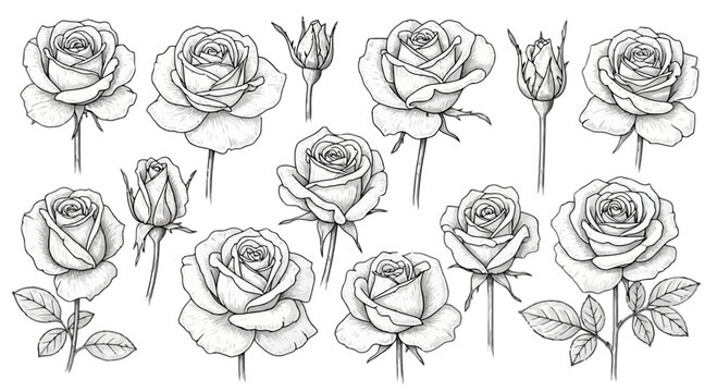 A set of black and white roses and rosebuds with leaves isolated on transparent background, Vector