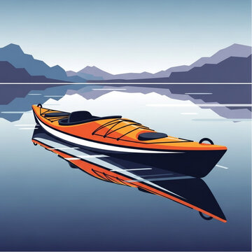 Speedboat on calm water with reflection.
