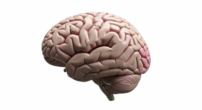 Realistic 3D human brain model with detailed anatomy, featuring a highlighted pink section on the cerebral cortex, isolated on a clean white background for medical and educational use.