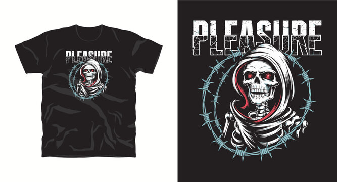 Grim reaper skeleton with barbed wire circle and pleasure text