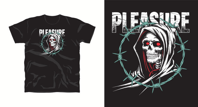 Pleasure text with grim reaper skull wearing hood inside barbed wire circle for dark aesthetic clothing print