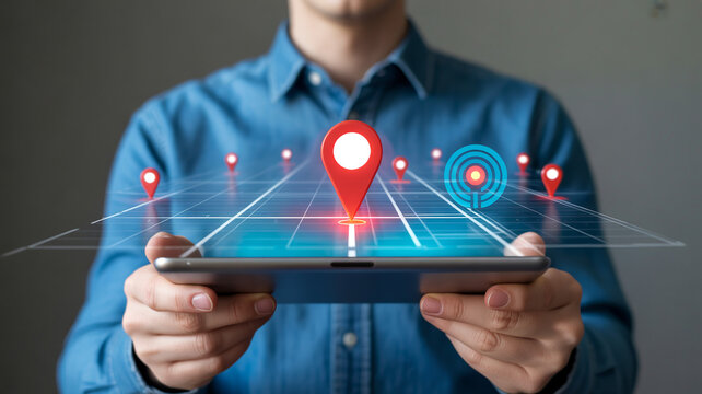 A person in a blue denim shirt holds a silver tablet displaying a glowing augmented reality map with bright red location pins and a blue target icon c