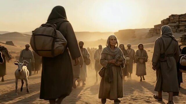Ancient people and two elderly women walk through a vast desert at sunset for a historical exodus concept of migration and resilience
