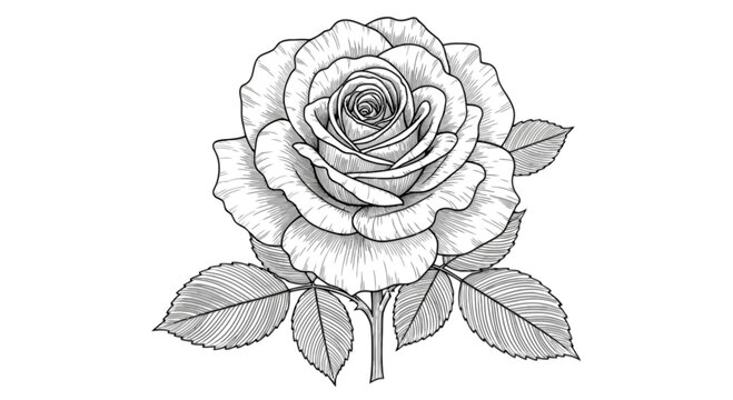 A large rose with leaves on a stem isolated on transparent background, Vector