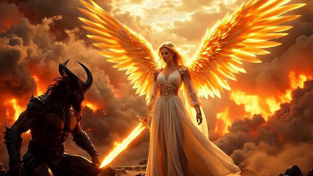 angelic figure with demon in fiery sky