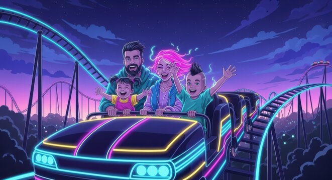 Happy Family Riding Roller Coaster at Night Amusement Park with Neon Lights