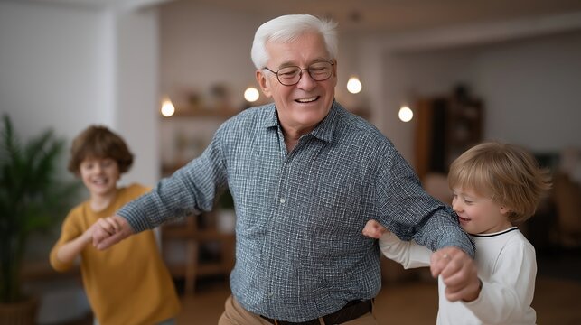Irish grandfather teaches grandchildren traditional step dance in living room, St Patrick's Day preparation and cultural transmission, heritage preservation and family connection, perfect for