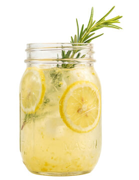 Refreshing lemonade drink served in a vintage mason jar garnished with a sprig of fresh rosemary isolated on transparent background