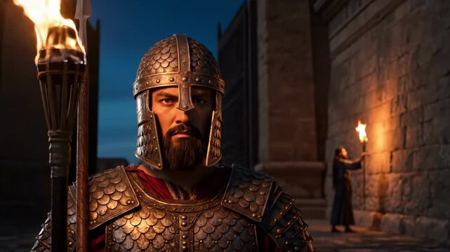 Ancient armored warrior standing guard at a fortress gate at night, holding a burning torch for a historical defense concept and vigilant protection