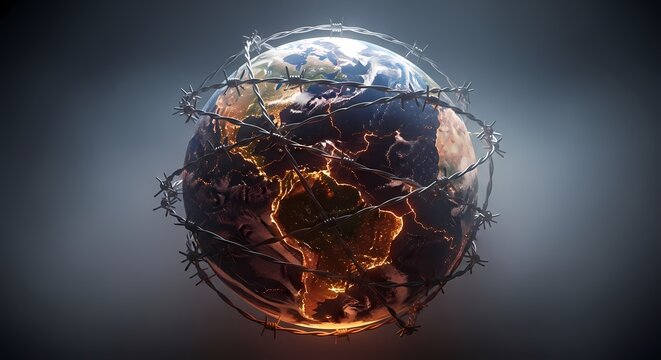 The Earth globe wrapped in barbed wire with flames rising